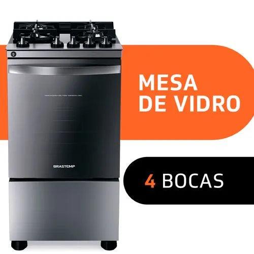 Fogão Brastemp 4 Bocas Inox com mesa de vidro, dupla chama e grill elétrico - BFO4VBR